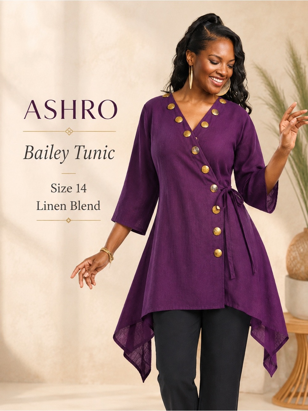 Ashro Purple Linen Blend Gold Button Wrap Tunic Top Size 14